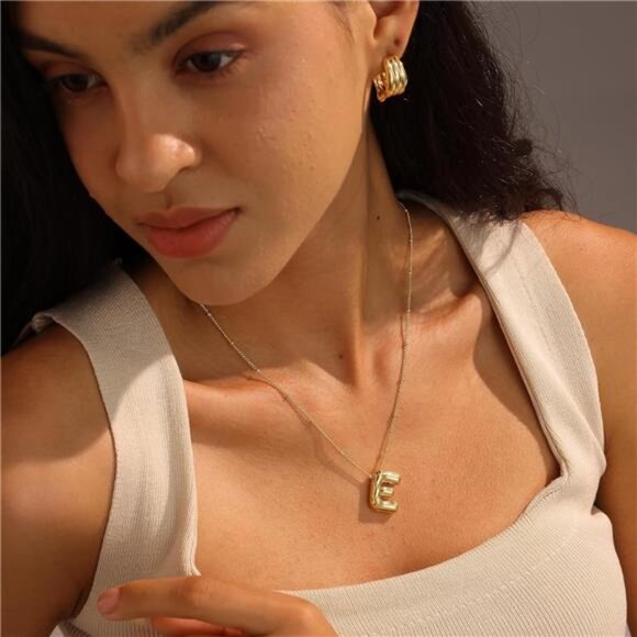 Bubble Letter Initial Necklace 14K Gold Plated Balloon Pendant, Adjustable Chain - Picture 3 of 4
